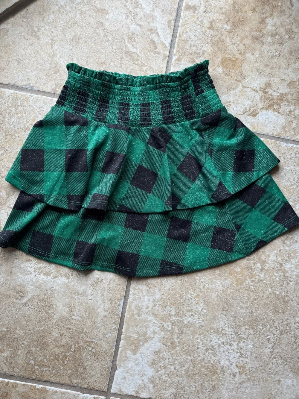 Evsie, Green & Black Plaid Tiered Skater Skirt, Size S